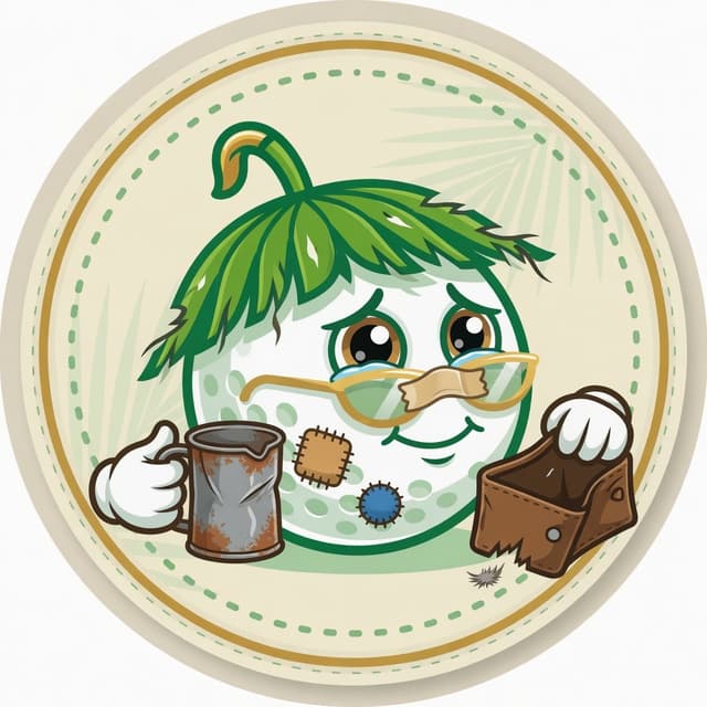 Golf-ball mascot looking hilariously broke — empty mug, empty wallet, hoping you’ll buy a membership