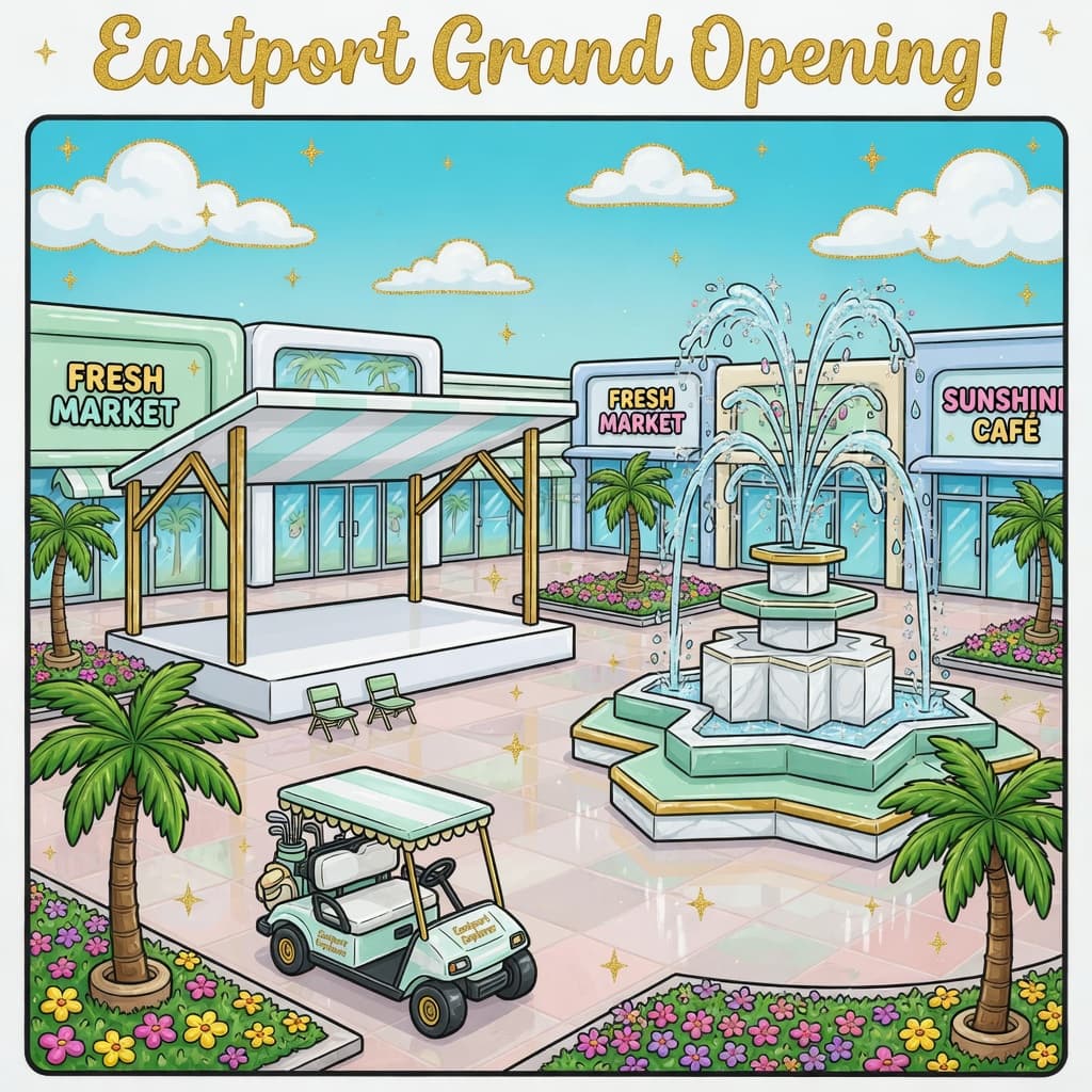 Whimsical cartoon of Eastport — modern glass shops, contemporary fountain, and new plaza stage