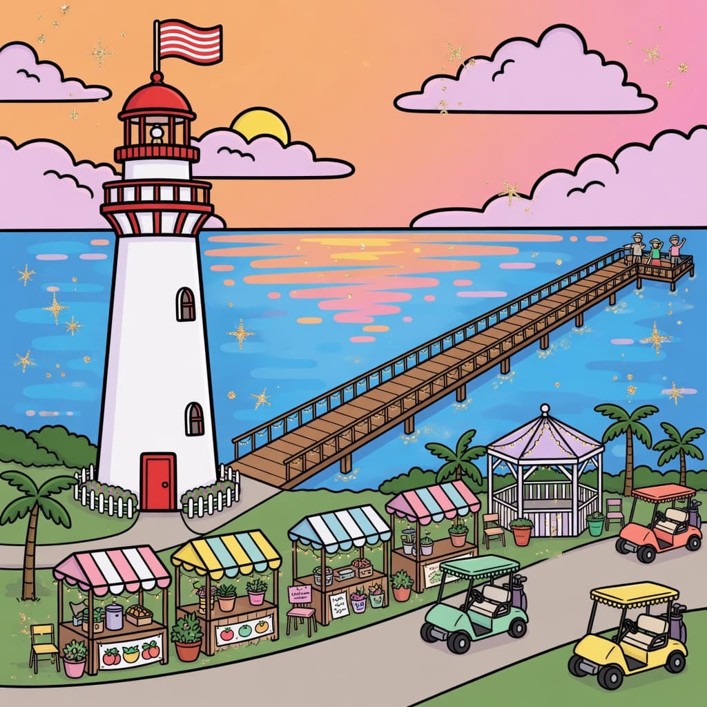 Whimsical cartoon of Lake Sumter Landing — lighthouse, long pier, market stalls, and lake sunset