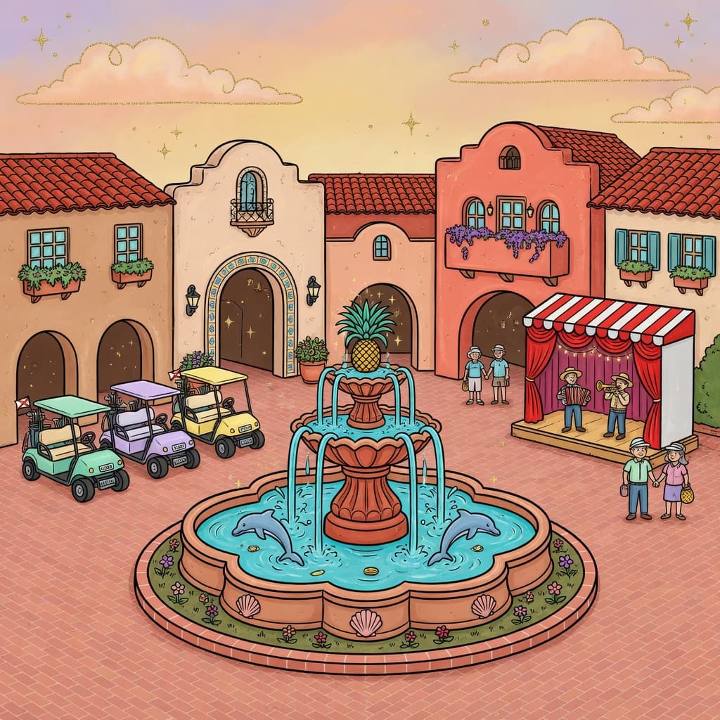 Whimsical cartoon of Spanish Springs — adobe plaza, fountain, red-tile roofs, and outdoor stage