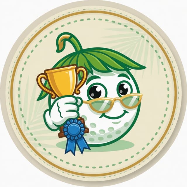 Best of the Month mascot — golf ball with a trophy and a blue ribbon