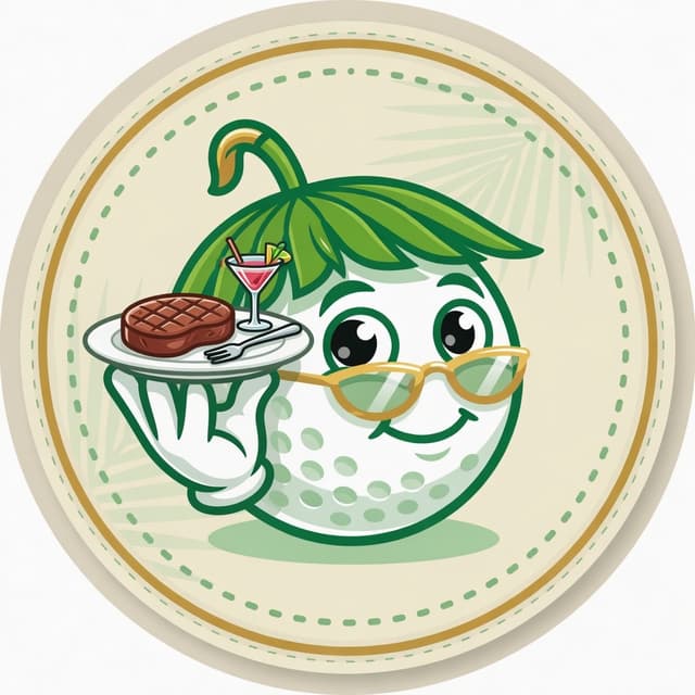 Dining mascot — golf ball serving an early-bird steak and a cocktail