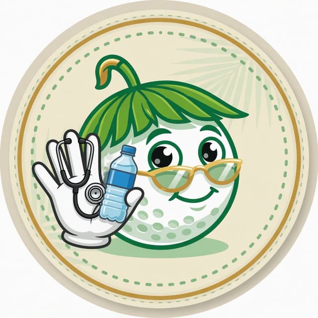 Health mascot — golf ball with a stethoscope and a water bottle