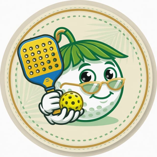 Pickleball mascot — golf ball with a paddle and a pickleball