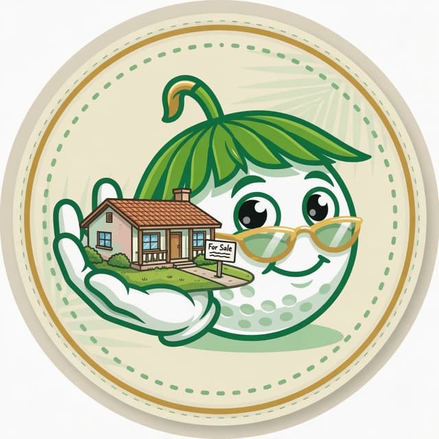 Real Estate mascot — golf ball with a Florida ranch house and a For Sale sign
