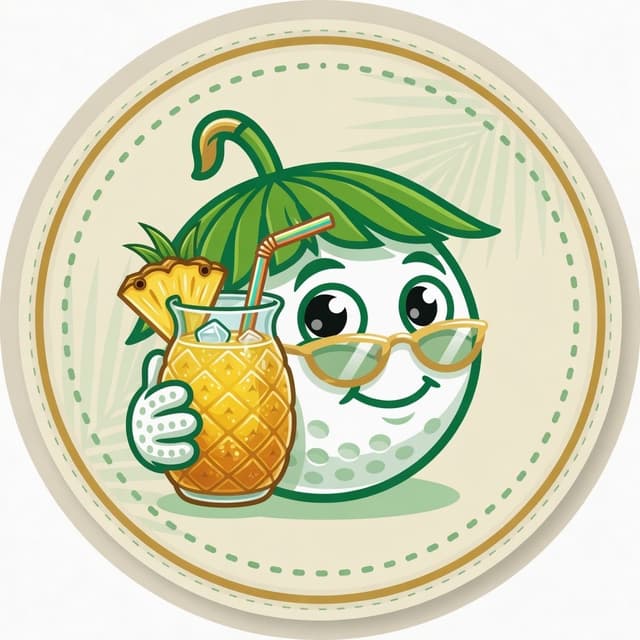 My Retirement Reboot mascot — golf ball with a pineapple drink
