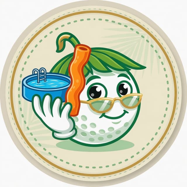 Rec Centers mascot — golf ball with a pool and a foam noodle