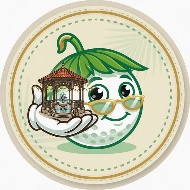Town Squares mascot — golf ball with a miniature bandstand and fountain