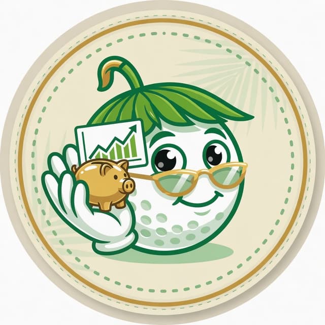 Wealth mascot — golf ball with a piggy bank and a stock chart