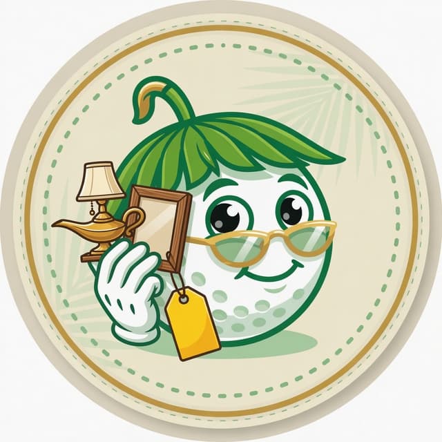Yard Sale mascot — golf ball with a lamp, a picture frame, and a price tag