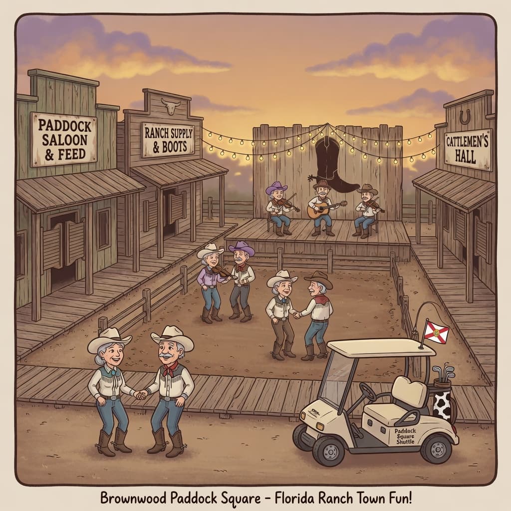 Whimsical cartoon of Brownwood Paddock Square — ranch western storefronts, dance paddock, and cowboy boot stage