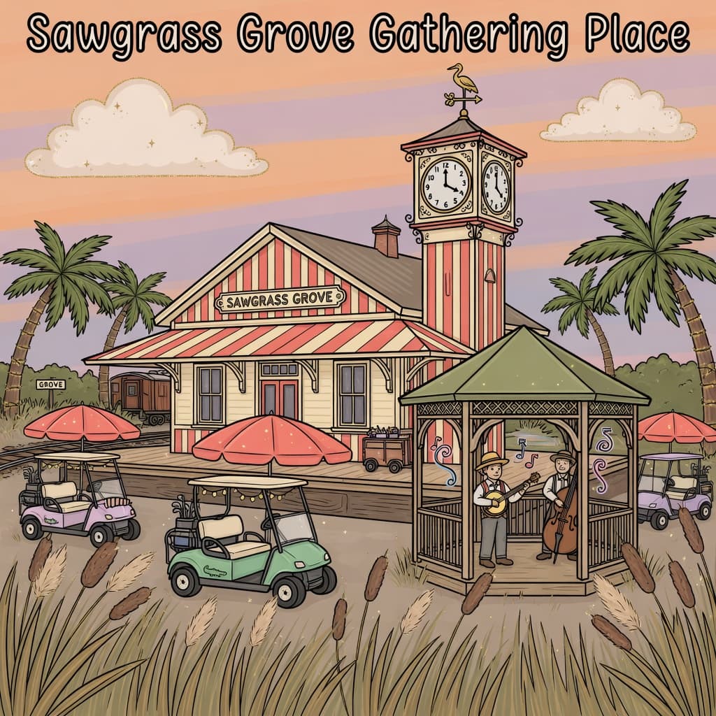 Whimsical cartoon of Sawgrass Grove — railroad depot, clock tower, gazebo, sawgrass, and golf carts