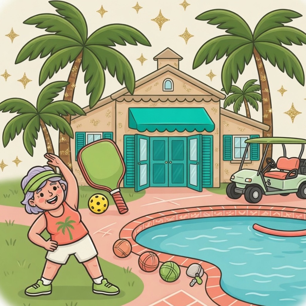 Whimsical illustration of St. Tropez recreation center